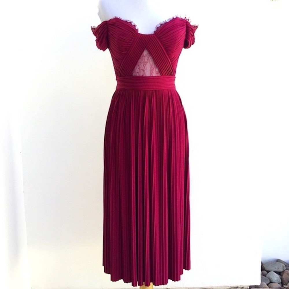ASOS Deep Red Wine Evening Lace Cold Shoulder Pleated Strapless Dress